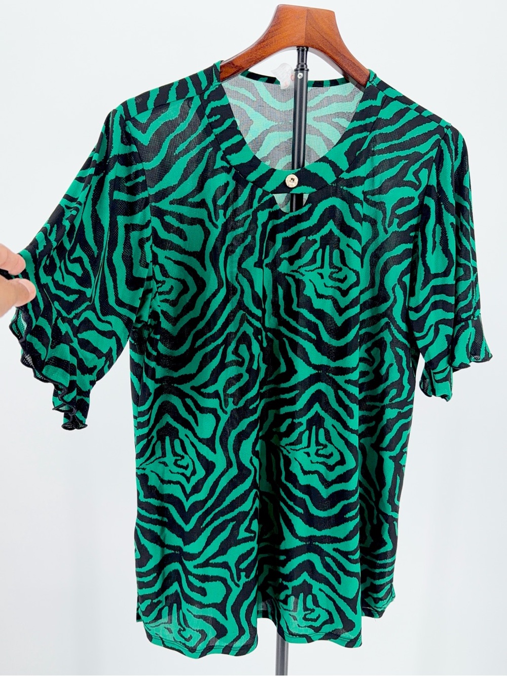 Green Abstract Zebra Print flutter Sleeve Top women XXLarge dopamine mesh sheer